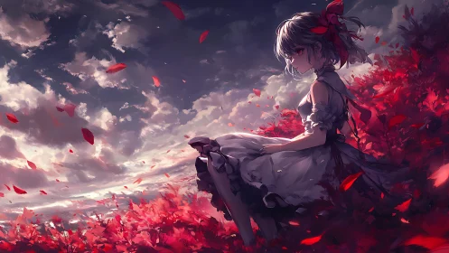 Twilight girl cradles scarlet leaves beneath storm-torn sky