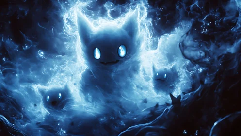 Ghostly blue cat spirits emerge from swirling nebula mist