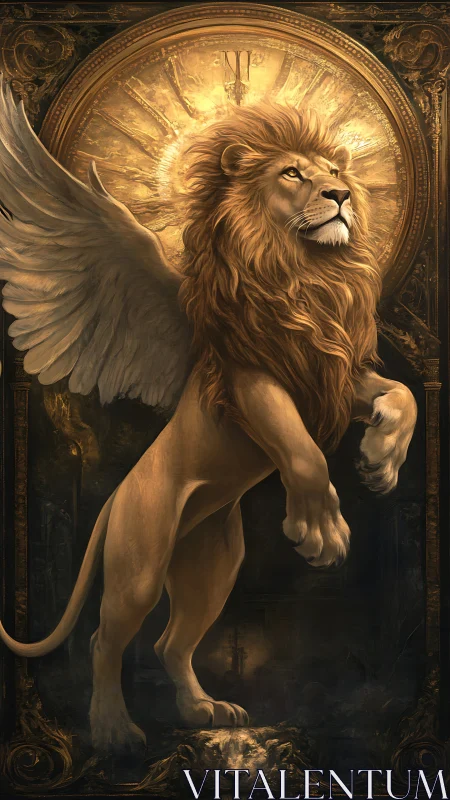 Winged lion ascends before radiant gilt halo in baroque frame