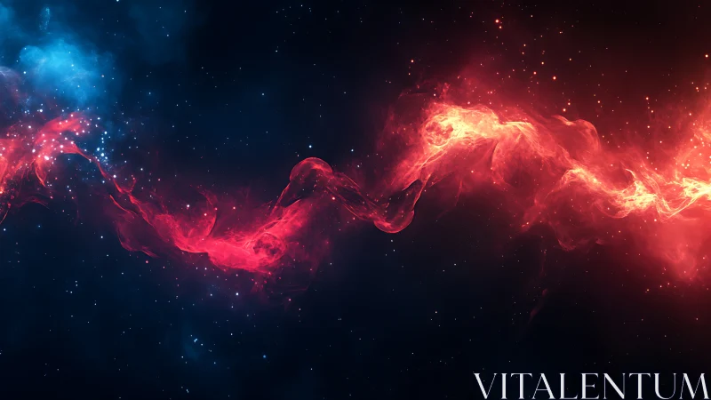 Luminous red nebula arc cuts across deep blue starfield