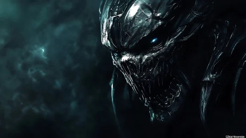 Demonic biomechanoid skull glows within toxic teal void.