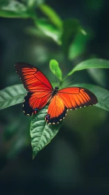 Orange butterfly on green leaf with soft blurred foliage.