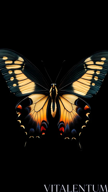 Macro dorsal view of swallowtail butterfly on pure black field