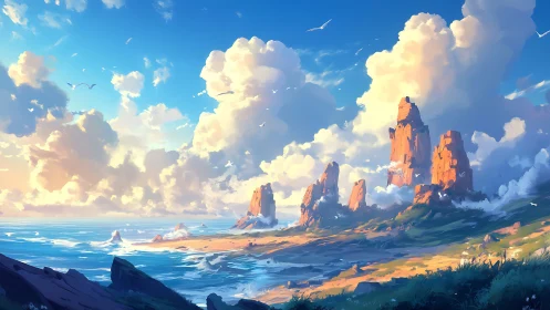 Coastal Monoliths Under Golden Sky.