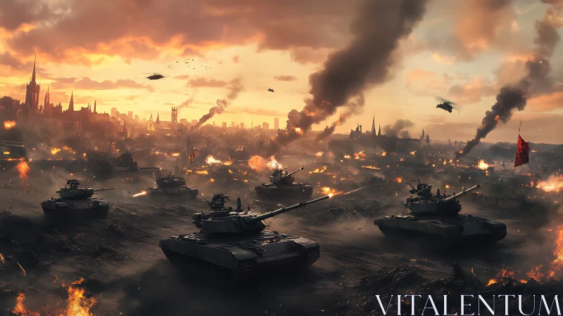 Modern battle tanks advance through burning cityscape.