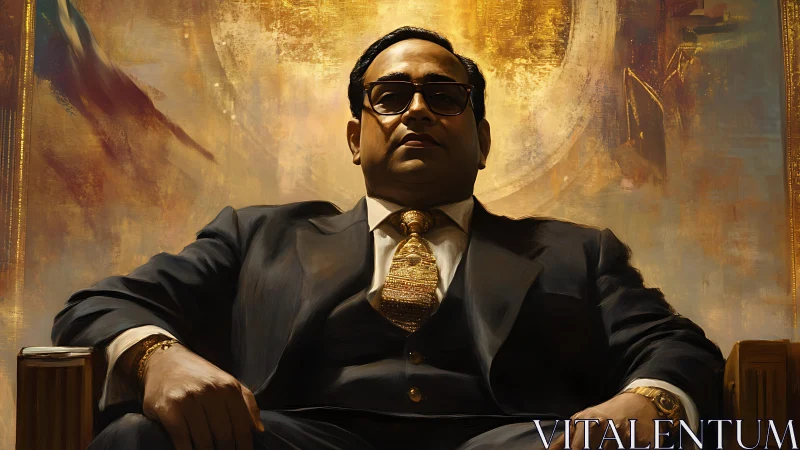 Powerful businessman dominates throne-like leather chair.