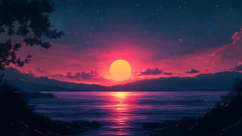 Digital seascape with stylized sunset over distant mountains.