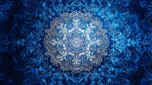 Intricate white mandala glows over deep electric blue field.