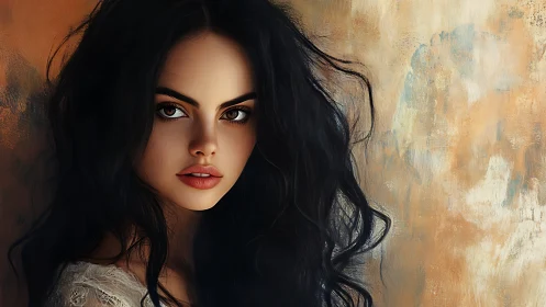 Storm-haired muse in warm ochre light and whispered texture.