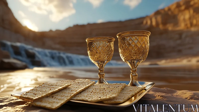 Specular golden goblets and matzah before desert waterfall.