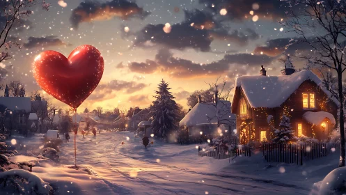 Winter village street with red heart balloon at dusk.