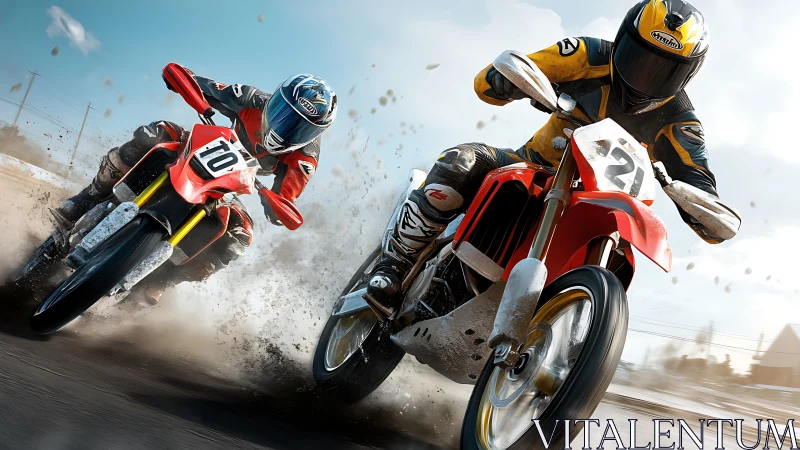 High-speed dirt bike rivals lean into a thrilling tight turn