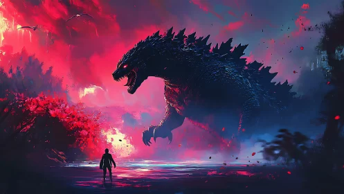 Colossal monster looms over lone figure in neon storm.