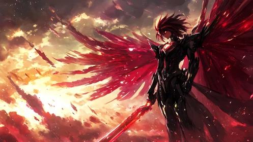 Fierce winged guardian rising in a storm of glowing embers.