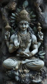 Highly detailed multi-armed deity sculpture in stone relief