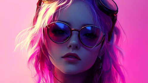 Neon glow girl in sunglasses and dreamy cyberpunk light.