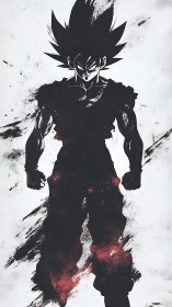 Shadow-charged warrior rising from streaks of cosmic dust.