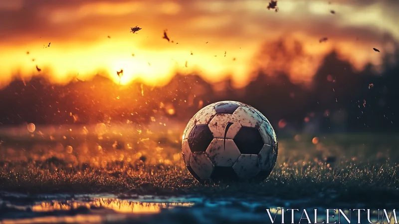 Weathered soccer ball on wet field at vivid sunset.