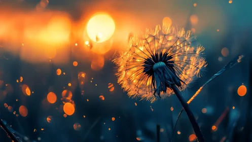 Glowing dandelion seed head burns softly against sunset bokeh
