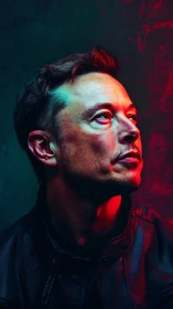 Neon-lit male portrait in dramatic dual color lighting.