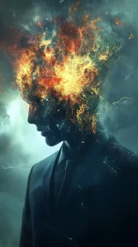Silhouetted suited figure with eruptive cranial fire plume