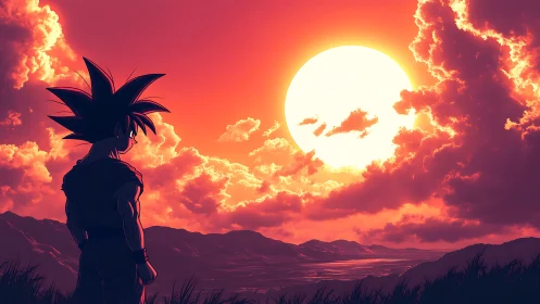 Anime warrior silhouette studies radiant sunset cloudscape