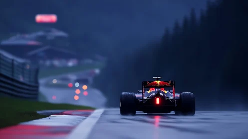 Night rain racing: single car chasing sparks of distant light.