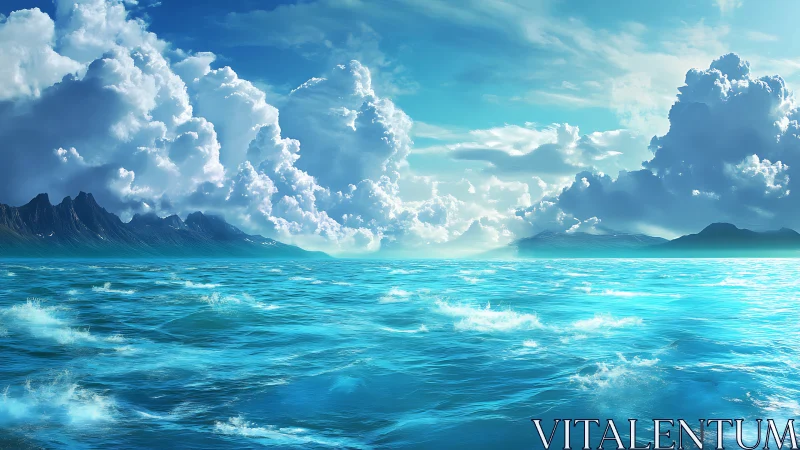 High-saturation seascape renders dynamic waves under volumetric clouds