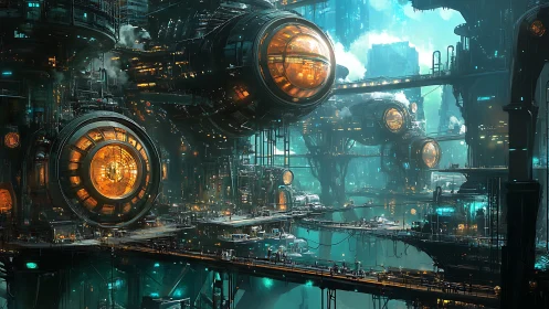 Orbital industrial megastructure with glowing reactor pods