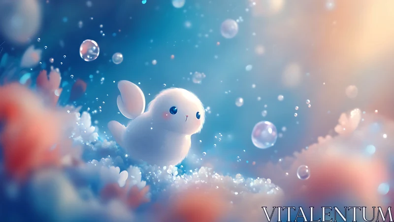 Pastel creature in luminous bokeh bubble fantasy field.