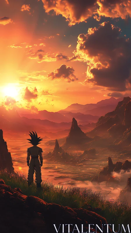 Solitary figure observing mountainous valley at sunset.