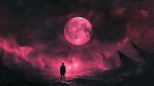 Silhouette gazes toward luminous pink moon over void sky.