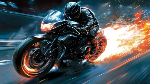 Futuristic sportbike rider racing through firestorm streets.