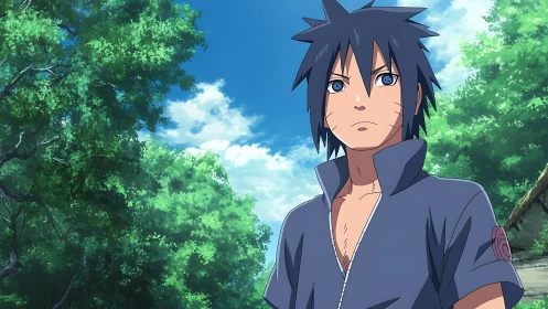 Blue-eyed anime warrior in sunlit forest environment.