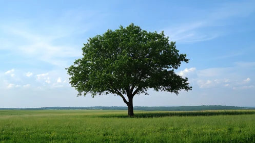 Solitary Green Tree in Open Field Under Clear Blue Sky, Natural Scene.
