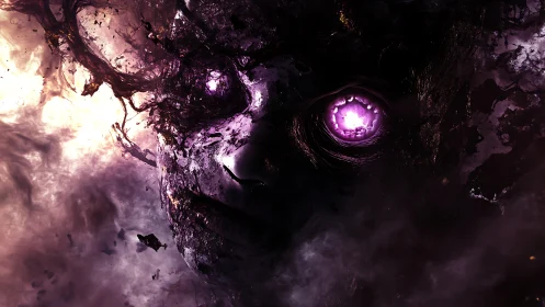 Fragmented humanoid face emerges within dense purple smoke