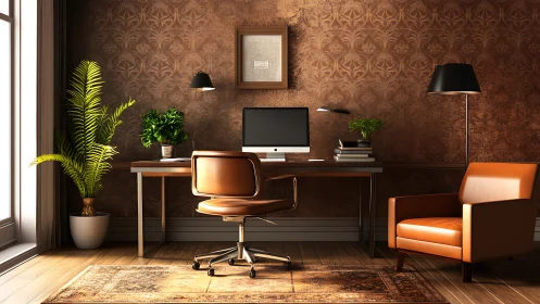 Home office workspace with brown leather seating and plants.