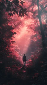 Lone wanderer beneath a neon-blushed enchanted forest sky.