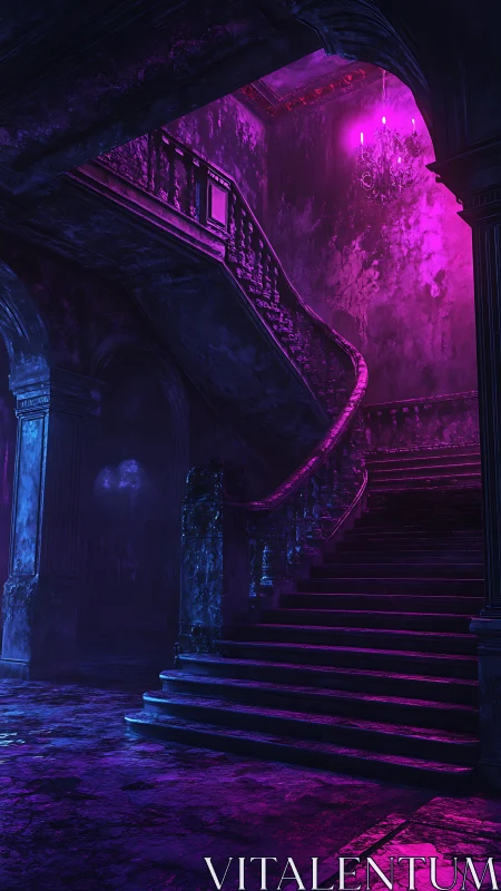 Neon magenta lit baroque staircase in decayed grand foyer