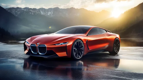 Crimson concept coupe glides over glassy alpine sunrise