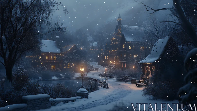 Snowy village lane glowing with warm winter lights at dusk.