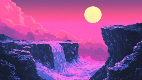 Neon-lit alien canyon waterfall unfolds beneath synthetic sun