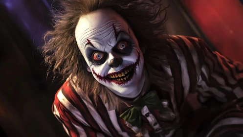 Clown figure with exaggerated makeup leans toward camera