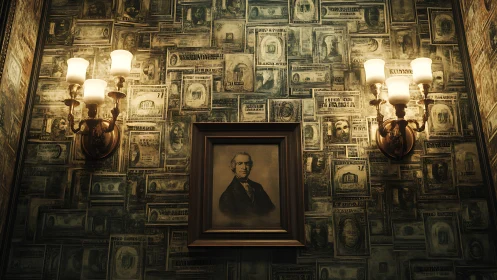 Photorealistic vintage portrait wall with sconce symmetry.