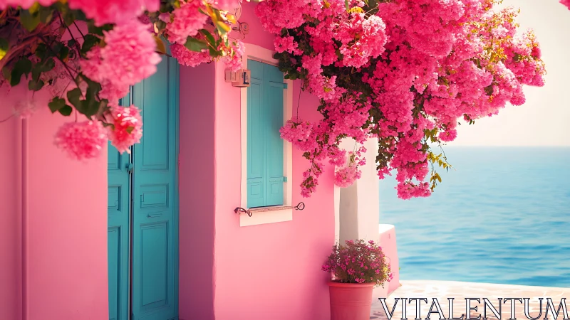 Pink Coastal Villa Draped in Vibrant Bougainvillea Blooms.