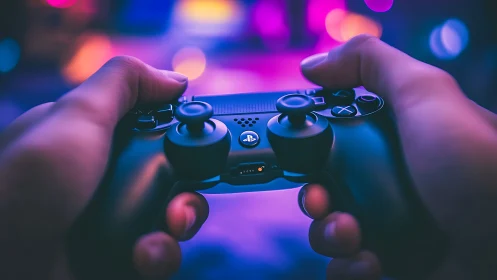 DualShock controller in neon bokeh-lit immersive gaming scene.