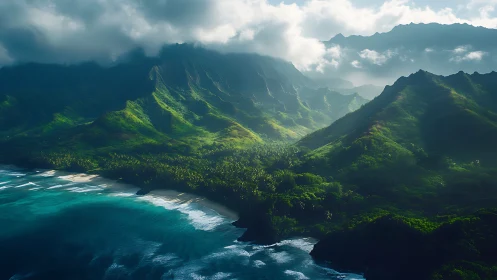 Lush tropical valley meeting turquoise ocean with dramatic peaks