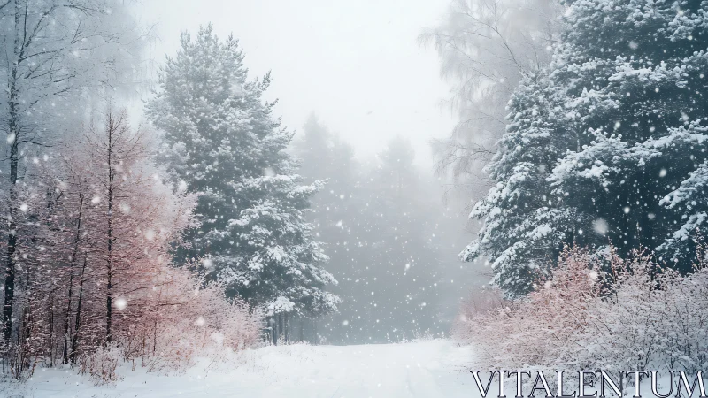 Snow-draped forest corridor with pastel winter foliage.