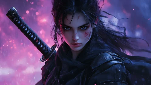 Battle-scarred female warrior glares under neon storm light