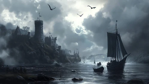 Stormy medieval harbor welcomes tall ships and dark castle